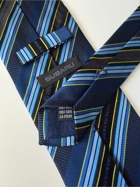 Subaru	Blue Navy Yellow Stripe Regimental Repp	100% Silk Tie Made In Italy 58”